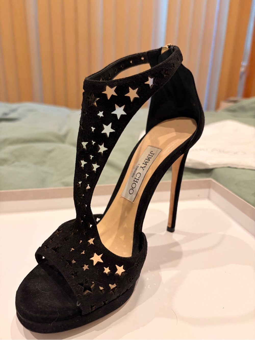 Jimmy Choo Black Star Cutout Suede T-Strap Stilettos - Picture 11 of 16